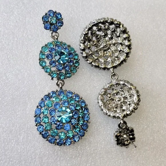 Blue Crystal Rhinestone Long Dangle Earrings - Picture 6 of 13